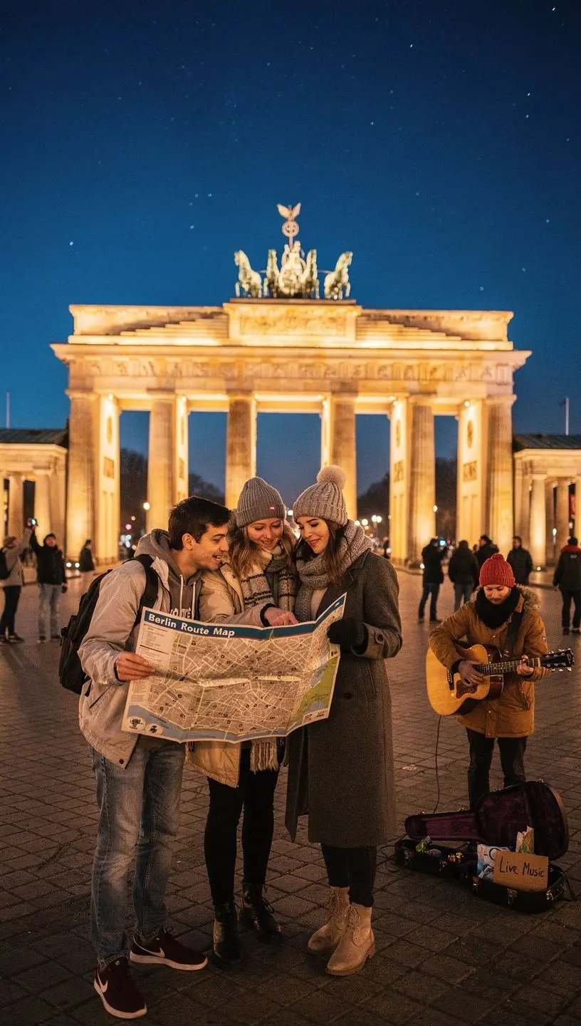 Panoramaaufnahme eines belebten Marktplatzes mit historischen Gebäuden und Informationstafeln für Touristen