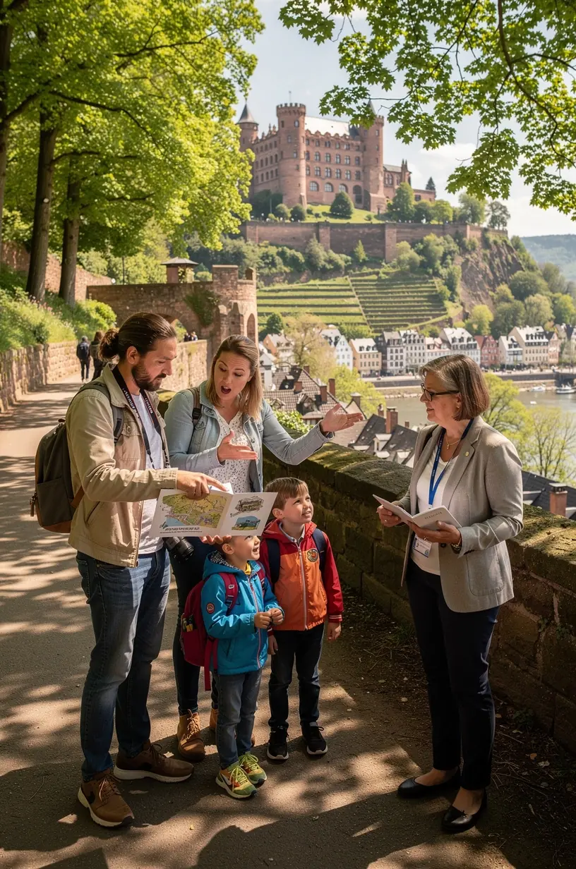 Tourguide erklärt Sehenswürdigkeiten einer mittelalterlichen Stadtmauer vor interessierten Besuchern